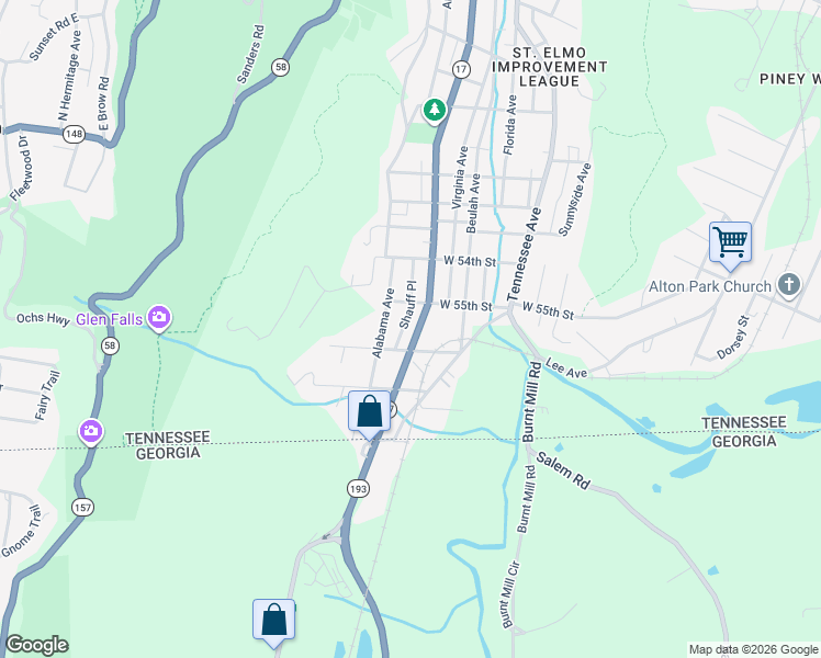 map of restaurants, bars, coffee shops, grocery stores, and more near 5513 Saint Elmo Avenue in Chattanooga