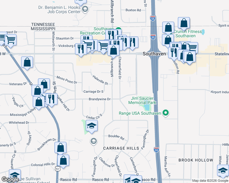 map of restaurants, bars, coffee shops, grocery stores, and more near 8699 Chesterfield Drive in Southaven