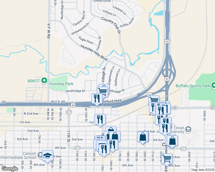 map of restaurants, bars, coffee shops, grocery stores, and more near 1 Edgewood Ln in Canyon
