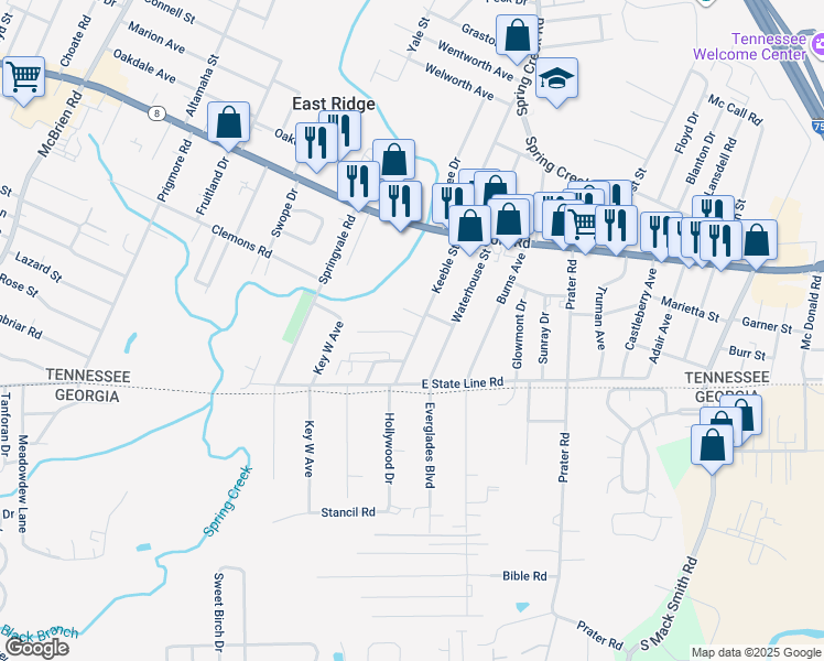 map of restaurants, bars, coffee shops, grocery stores, and more near 1645 Keeble Street in Chattanooga