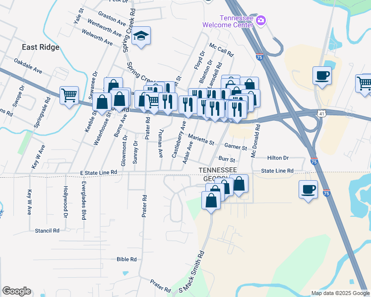 map of restaurants, bars, coffee shops, grocery stores, and more near 1612 Castleberry Avenue in Chattanooga