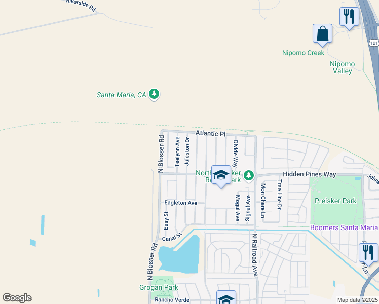 map of restaurants, bars, coffee shops, grocery stores, and more near 2436 Juleston Dr in Santa Maria