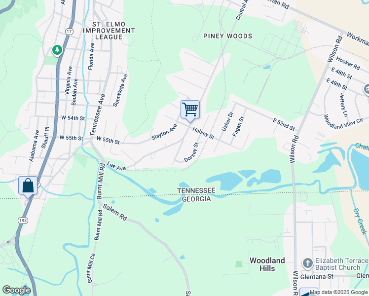 map of restaurants, bars, coffee shops, grocery stores, and more near 5320 Central Avenue in Chattanooga