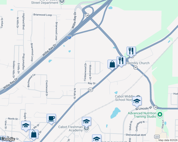 map of restaurants, bars, coffee shops, grocery stores, and more near 26 Wolverine Drive in Cabot