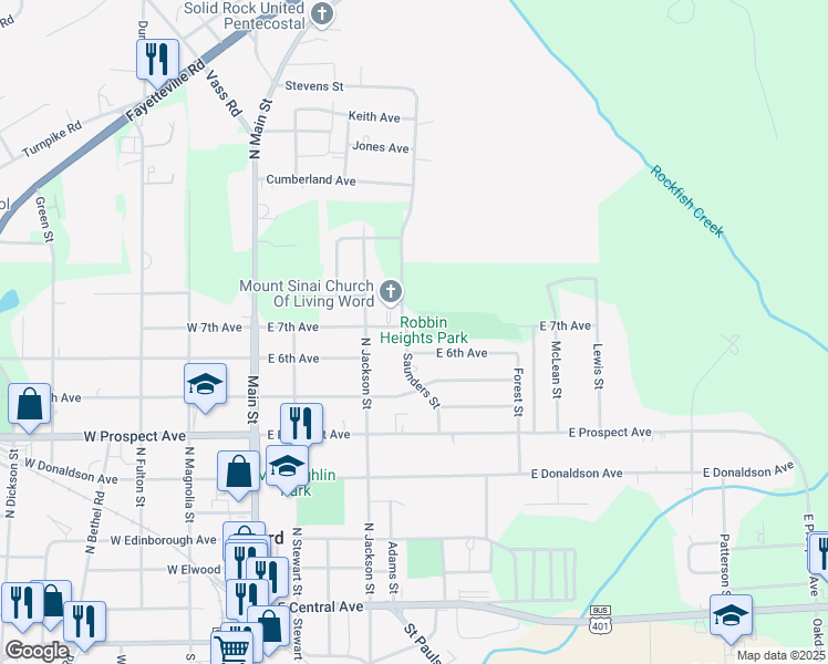 map of restaurants, bars, coffee shops, grocery stores, and more near 806 Saunders Street in Raeford