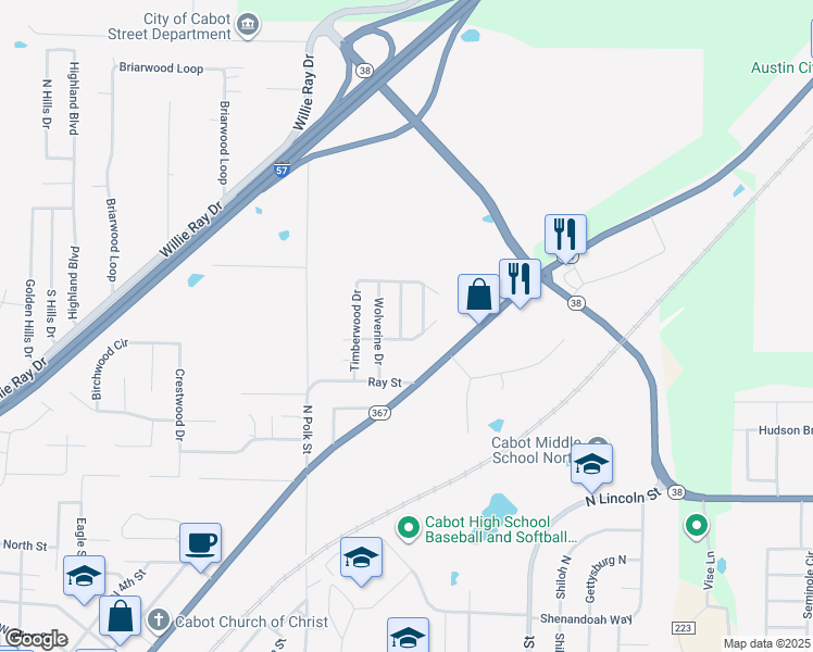 map of restaurants, bars, coffee shops, grocery stores, and more near 13 War Eagle Drive in Cabot