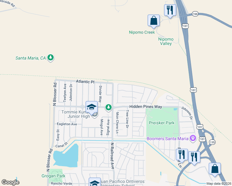 map of restaurants, bars, coffee shops, grocery stores, and more near 2443 Acacia Street in Santa Maria