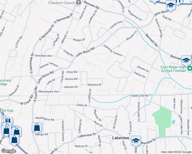 map of restaurants, bars, coffee shops, grocery stores, and more near 3830 Altamira Drive in Chattanooga