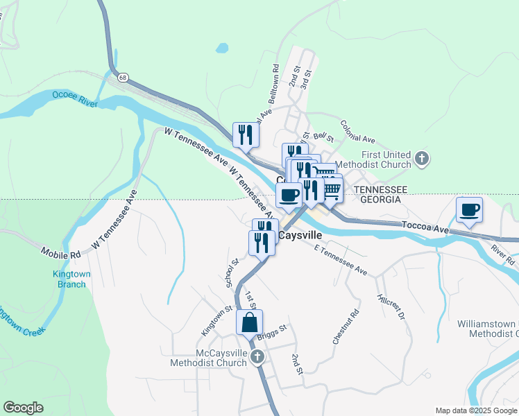 map of restaurants, bars, coffee shops, grocery stores, and more near 111 West Tennessee Avenue in McCaysville