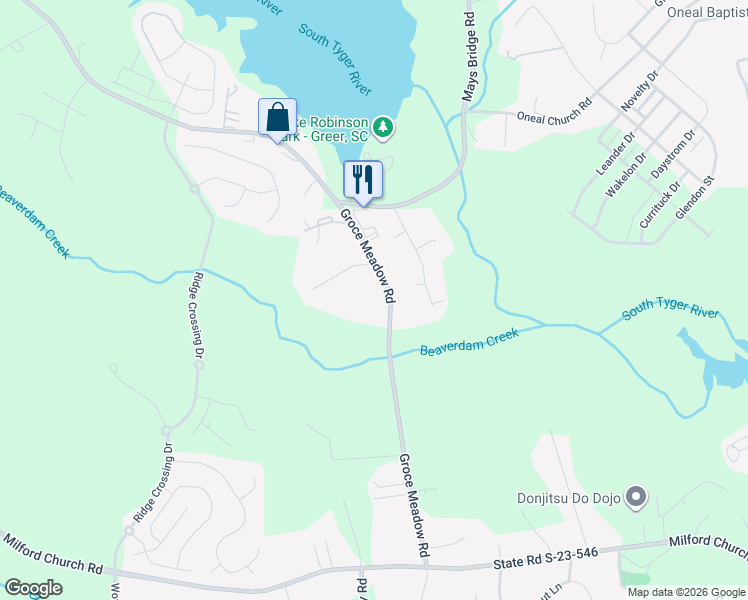 map of restaurants, bars, coffee shops, grocery stores, and more near 335 Groce Meadow Road in Taylors