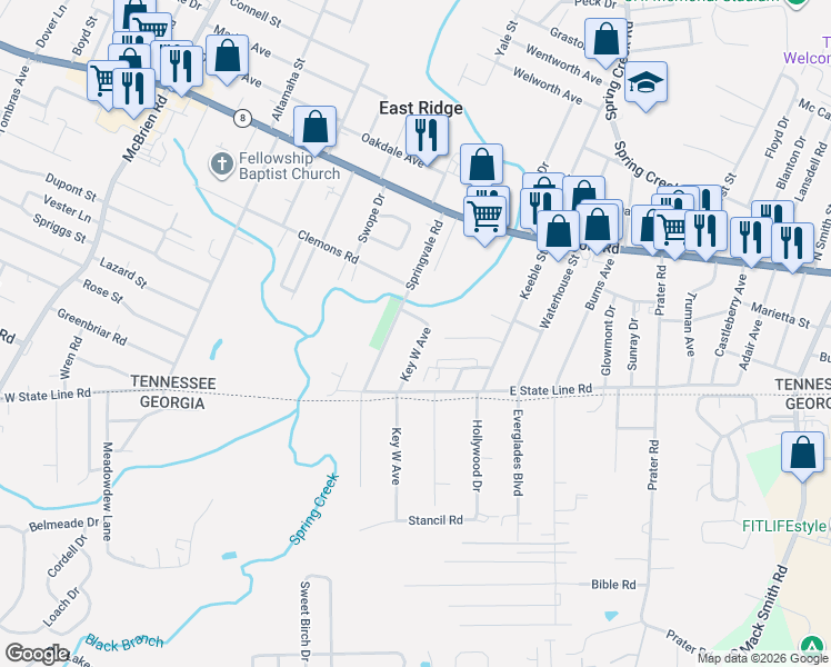 map of restaurants, bars, coffee shops, grocery stores, and more near 1617 Key West Avenue in East Ridge
