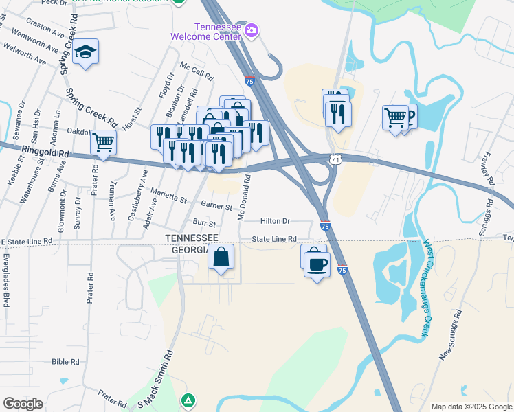 map of restaurants, bars, coffee shops, grocery stores, and more near 1523 Fincher Avenue in Chattanooga