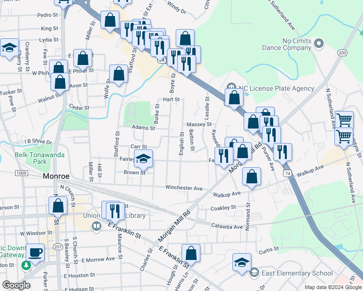 map of restaurants, bars, coffee shops, grocery stores, and more near 615 English Street in Monroe