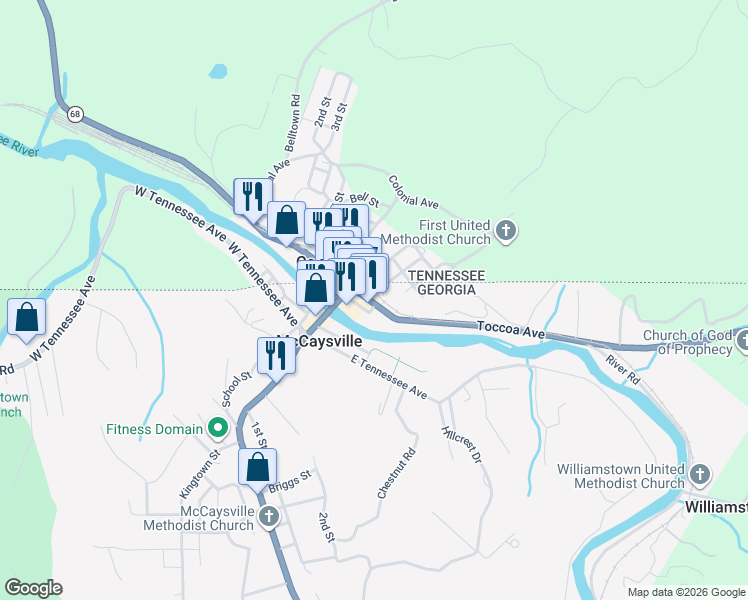 map of restaurants, bars, coffee shops, grocery stores, and more near 76 Toccoa Avenue in McCaysville