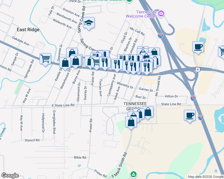 map of restaurants, bars, coffee shops, grocery stores, and more near 1610 Castleberry Avenue in Chattanooga