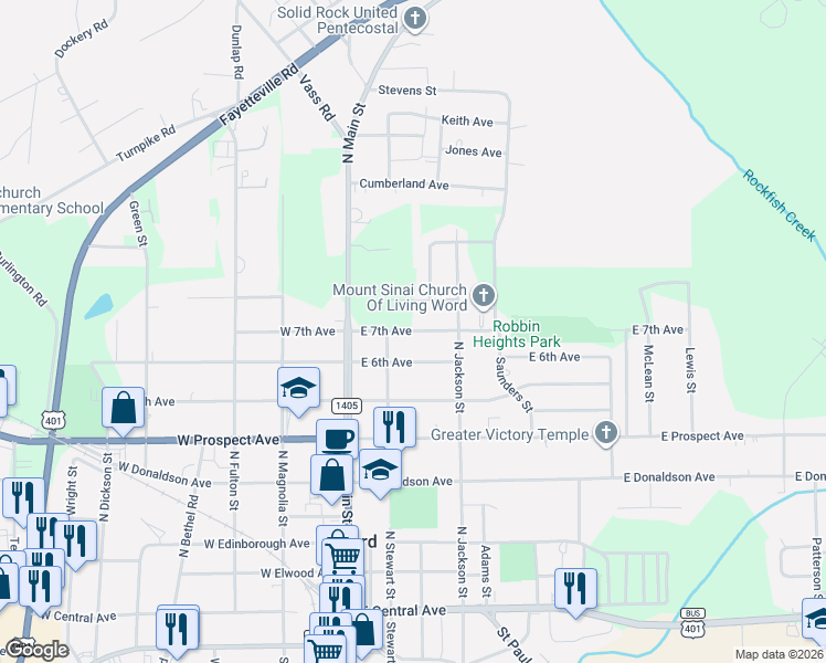 map of restaurants, bars, coffee shops, grocery stores, and more near 304 East 7th Avenue in Raeford