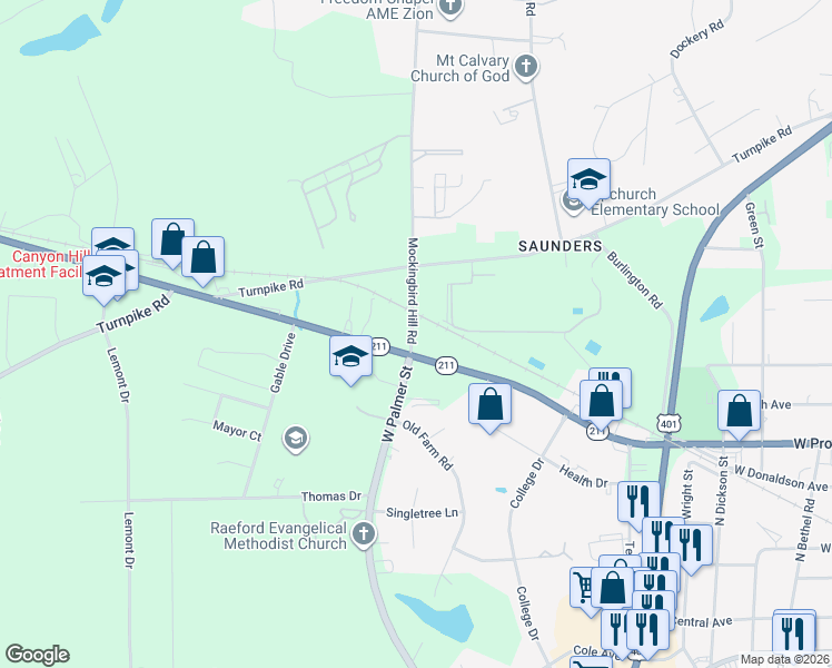 map of restaurants, bars, coffee shops, grocery stores, and more near 929 Prospect Avenue in Raeford