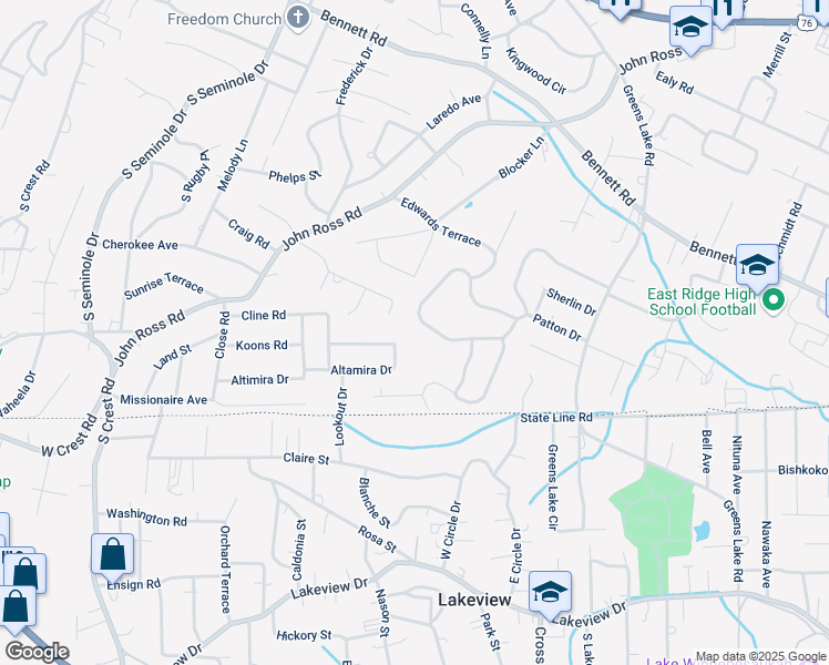 map of restaurants, bars, coffee shops, grocery stores, and more near 3822 Altamira Drive in Chattanooga