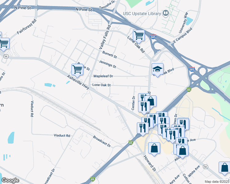 map of restaurants, bars, coffee shops, grocery stores, and more near 7018 Horne Street in Spartanburg