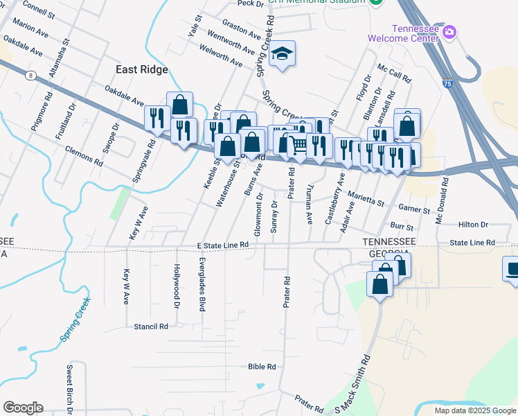 map of restaurants, bars, coffee shops, grocery stores, and more near 1610 Glowmont Drive in Chattanooga