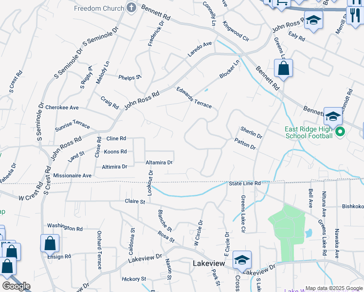 map of restaurants, bars, coffee shops, grocery stores, and more near 3822 Altamira Drive in Chattanooga