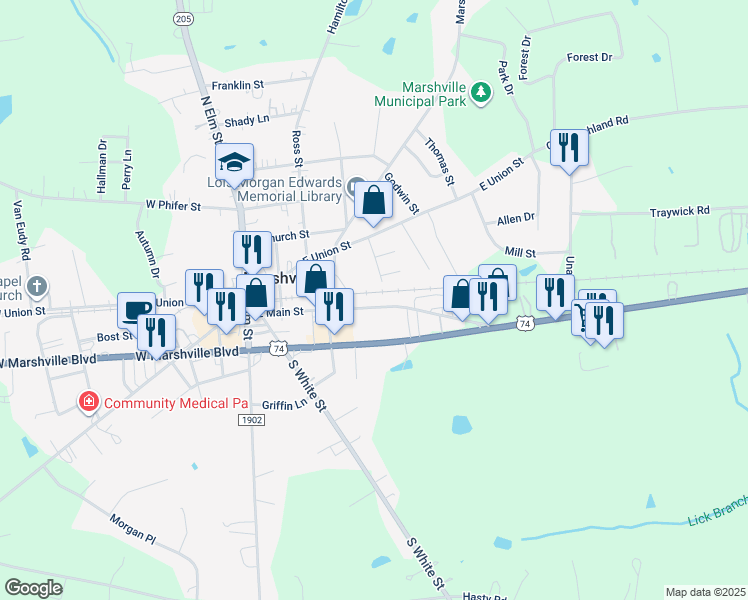 map of restaurants, bars, coffee shops, grocery stores, and more near 421 East Main Street in Marshville