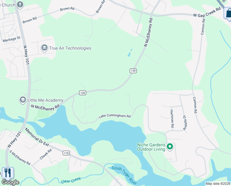 map of restaurants, bars, coffee shops, grocery stores, and more near 3192 North McElhaney Road in Greer