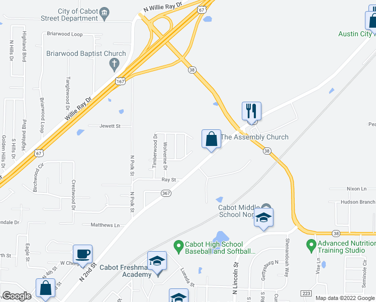 map of restaurants, bars, coffee shops, grocery stores, and more near 15 Tacoma Drive in Cabot