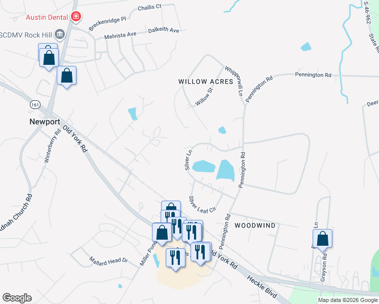 map of restaurants, bars, coffee shops, grocery stores, and more near 449 Silver Lane in Rock Hill