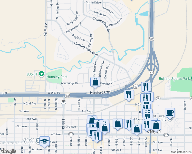 map of restaurants, bars, coffee shops, grocery stores, and more near 1 Edgewood Lane in Canyon
