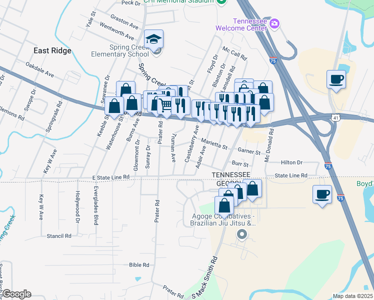 map of restaurants, bars, coffee shops, grocery stores, and more near 1603 Castleberry Avenue in Chattanooga