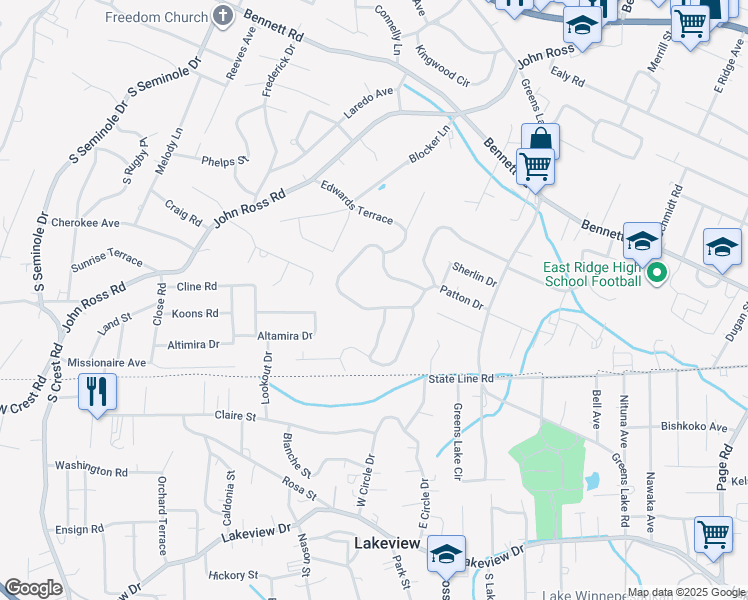 map of restaurants, bars, coffee shops, grocery stores, and more near 3928 South Mission Oaks Drive in Chattanooga