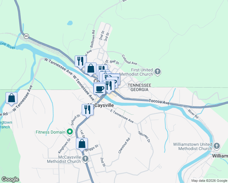 map of restaurants, bars, coffee shops, grocery stores, and more near 76 Toccoa Avenue in McCaysville