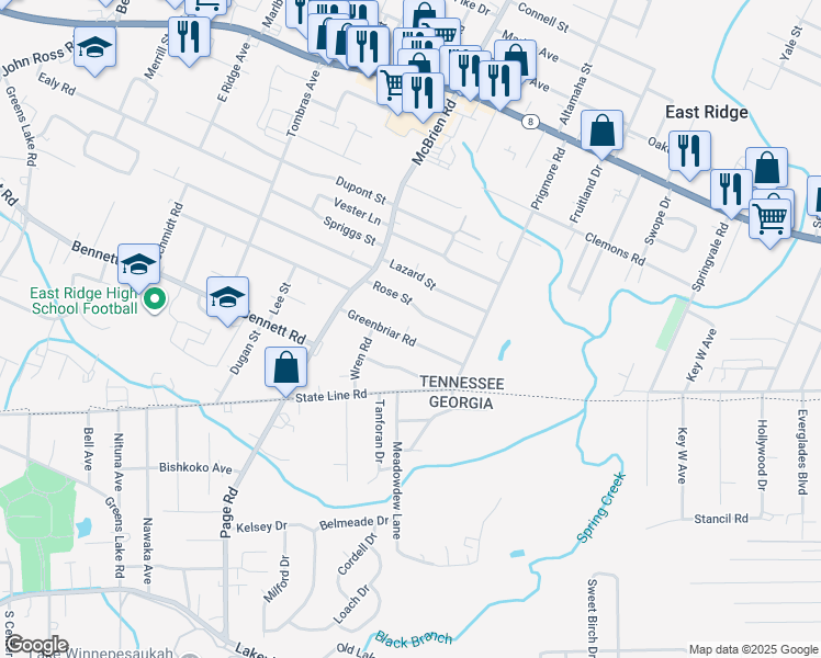 map of restaurants, bars, coffee shops, grocery stores, and more near 5335 Greenbriar Road in Chattanooga