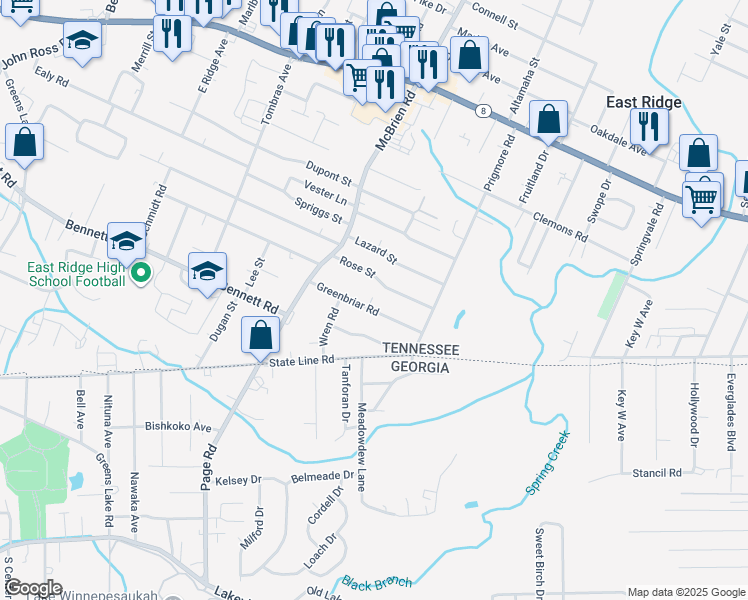 map of restaurants, bars, coffee shops, grocery stores, and more near 5335 Greenbriar Road in Chattanooga