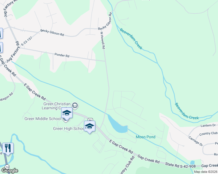 map of restaurants, bars, coffee shops, grocery stores, and more near County Road 172 in Greer