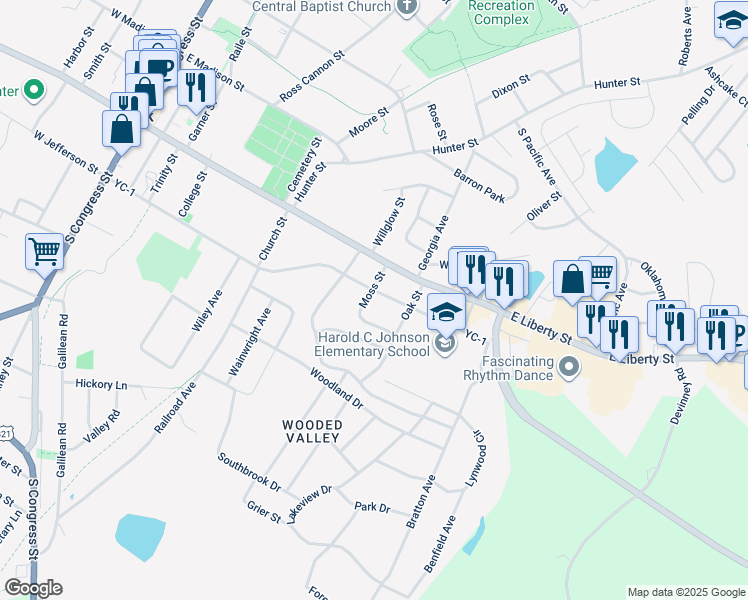 map of restaurants, bars, coffee shops, grocery stores, and more near 205 Moss Street in York