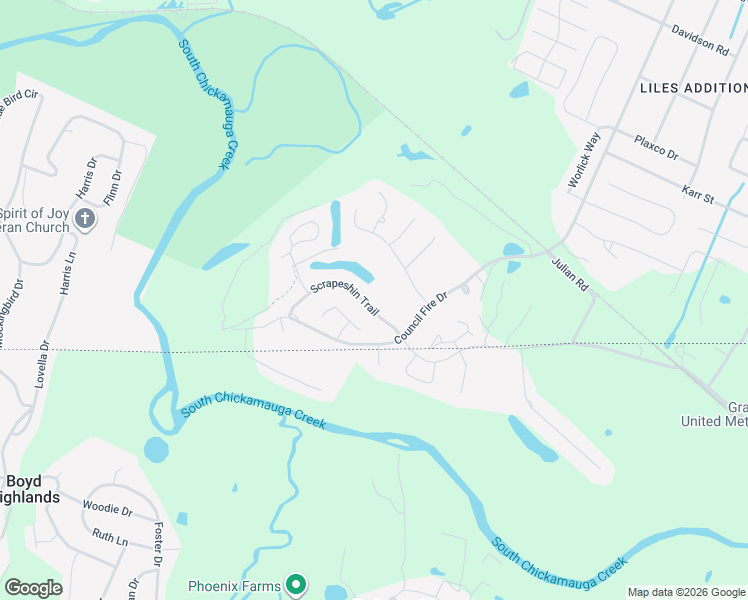 map of restaurants, bars, coffee shops, grocery stores, and more near 7806 Scrapeshin Trail in Chattanooga