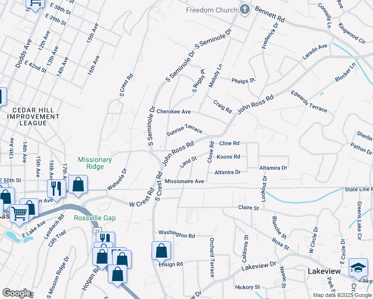map of restaurants, bars, coffee shops, grocery stores, and more near 3427 Land Street in Chattanooga