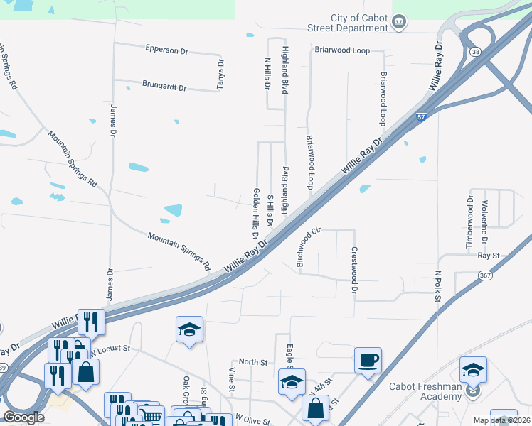 map of restaurants, bars, coffee shops, grocery stores, and more near 1018 Golden Hills Drive in Cabot