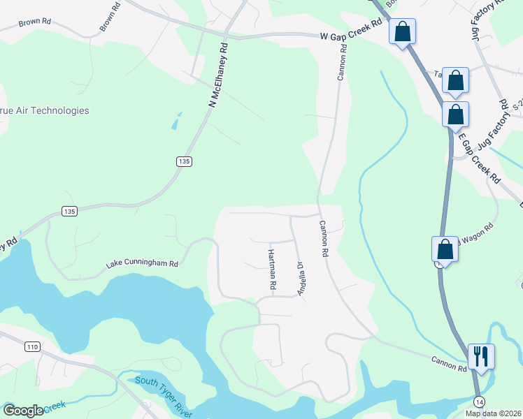 map of restaurants, bars, coffee shops, grocery stores, and more near 108 Spindleback Way in Greer