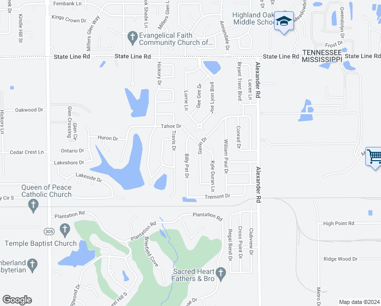 map of restaurants, bars, coffee shops, grocery stores, and more near 9102 Billy Pat Drive in Olive Branch