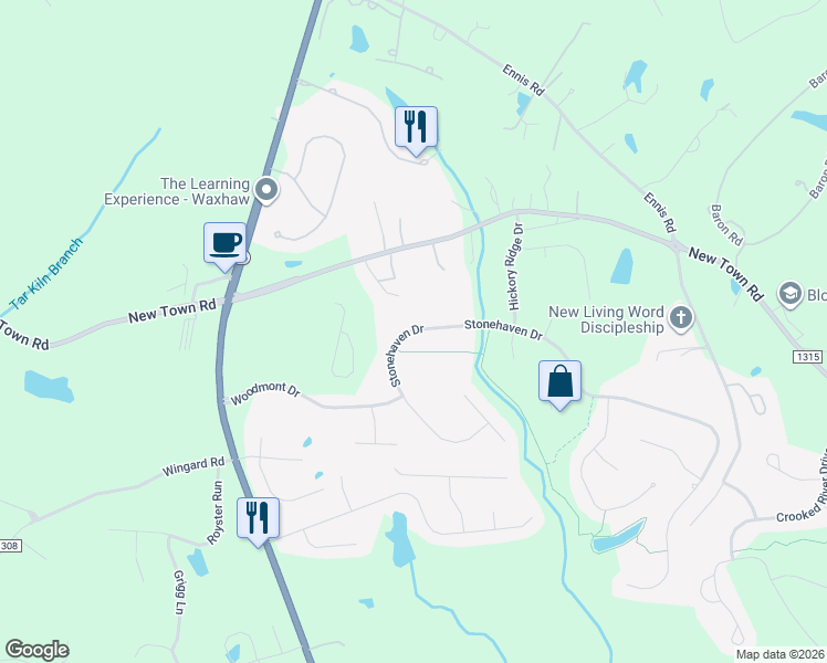 map of restaurants, bars, coffee shops, grocery stores, and more near 7829 Stonehaven Drive in Waxhaw
