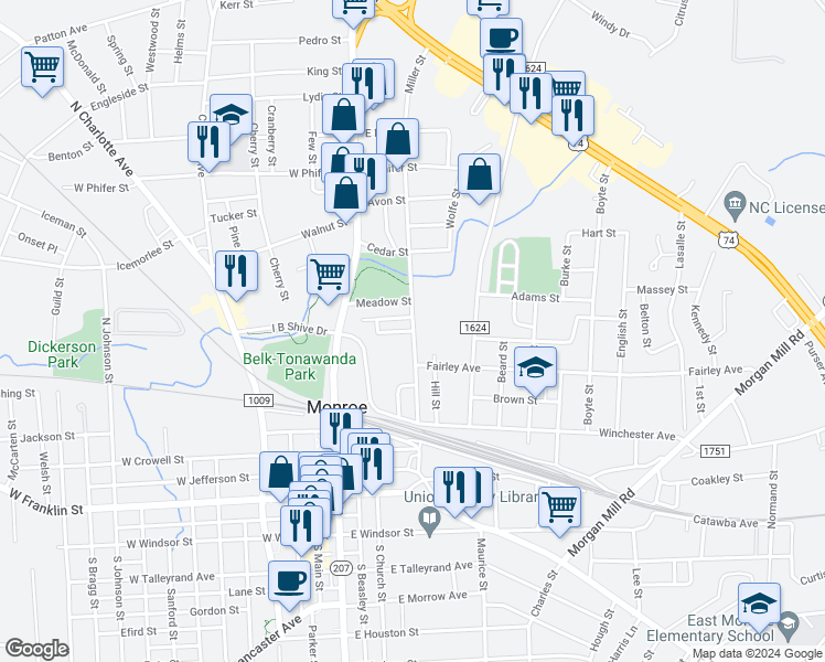 map of restaurants, bars, coffee shops, grocery stores, and more near 101 Heath Street in Monroe