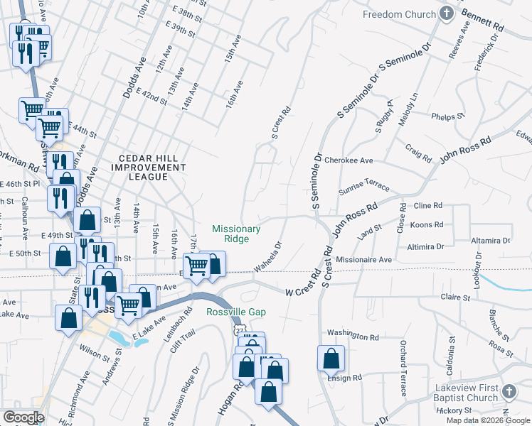 map of restaurants, bars, coffee shops, grocery stores, and more near 702 South Crest Road in Chattanooga