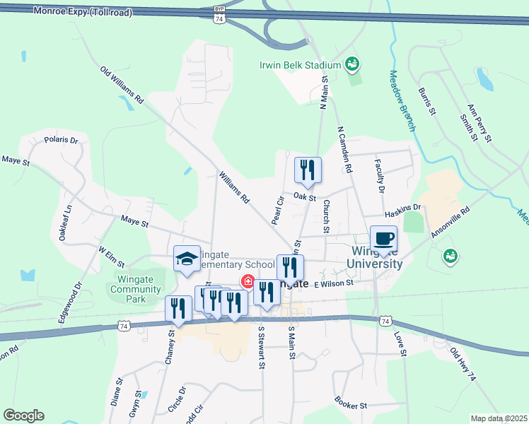 map of restaurants, bars, coffee shops, grocery stores, and more near 203 Williams Road in Wingate