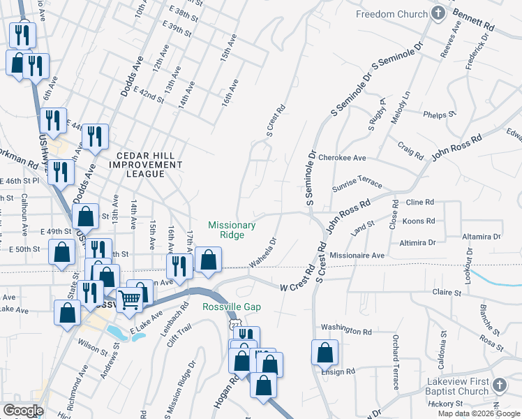map of restaurants, bars, coffee shops, grocery stores, and more near 702 South Crest Road in Chattanooga