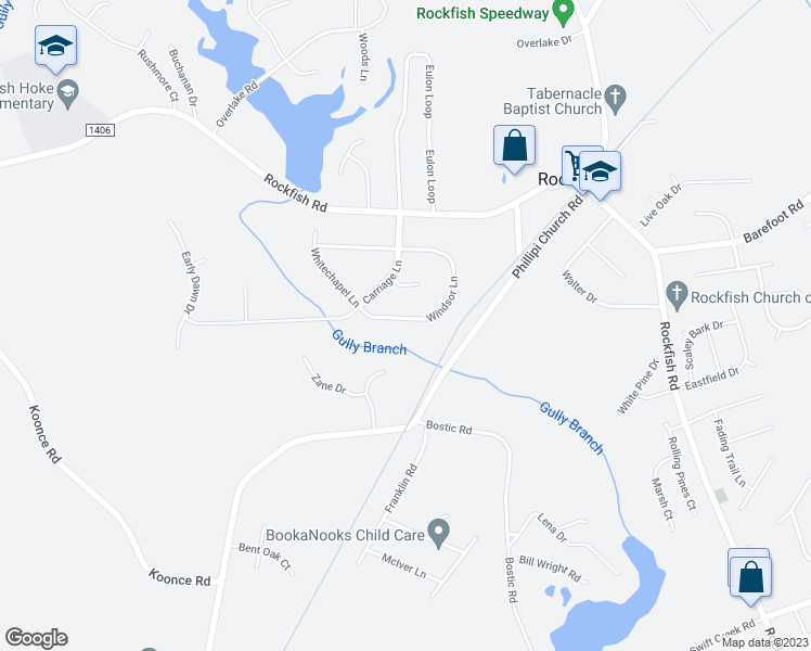 map of restaurants, bars, coffee shops, grocery stores, and more near 143 Windsor Lane in Raeford