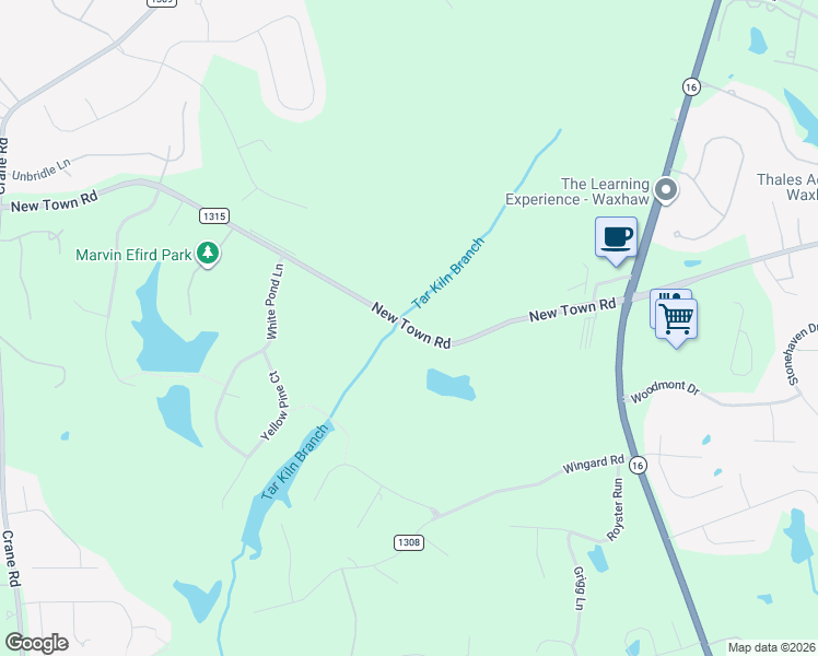 map of restaurants, bars, coffee shops, grocery stores, and more near 8722 New Town Road in Waxhaw