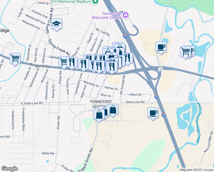 map of restaurants, bars, coffee shops, grocery stores, and more near 6503 Garner Street in Chattanooga